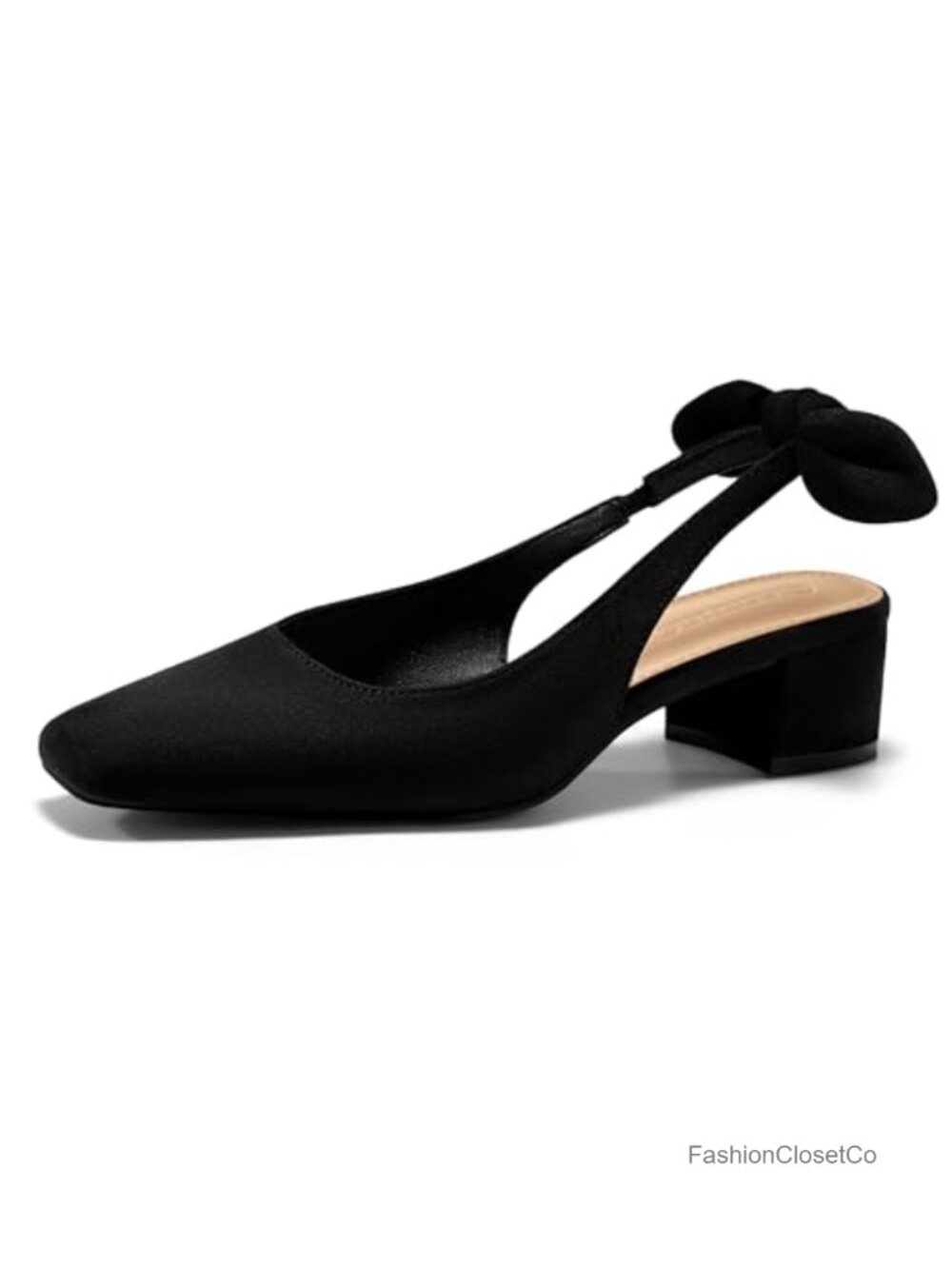 Women's Chunky Low Heels Bow Slingback Pumps Square Toe Faux Suede